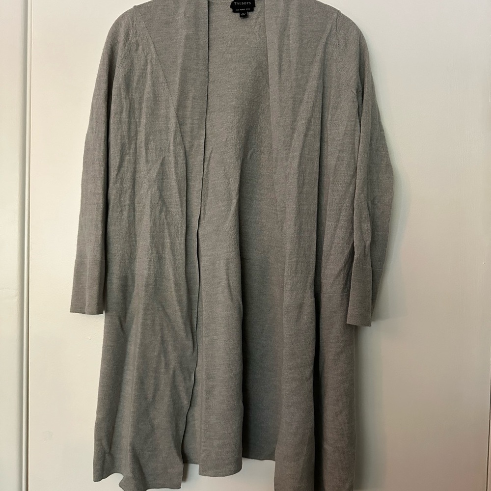 Talbots Merino Wool Heather Gray Open Cardigan